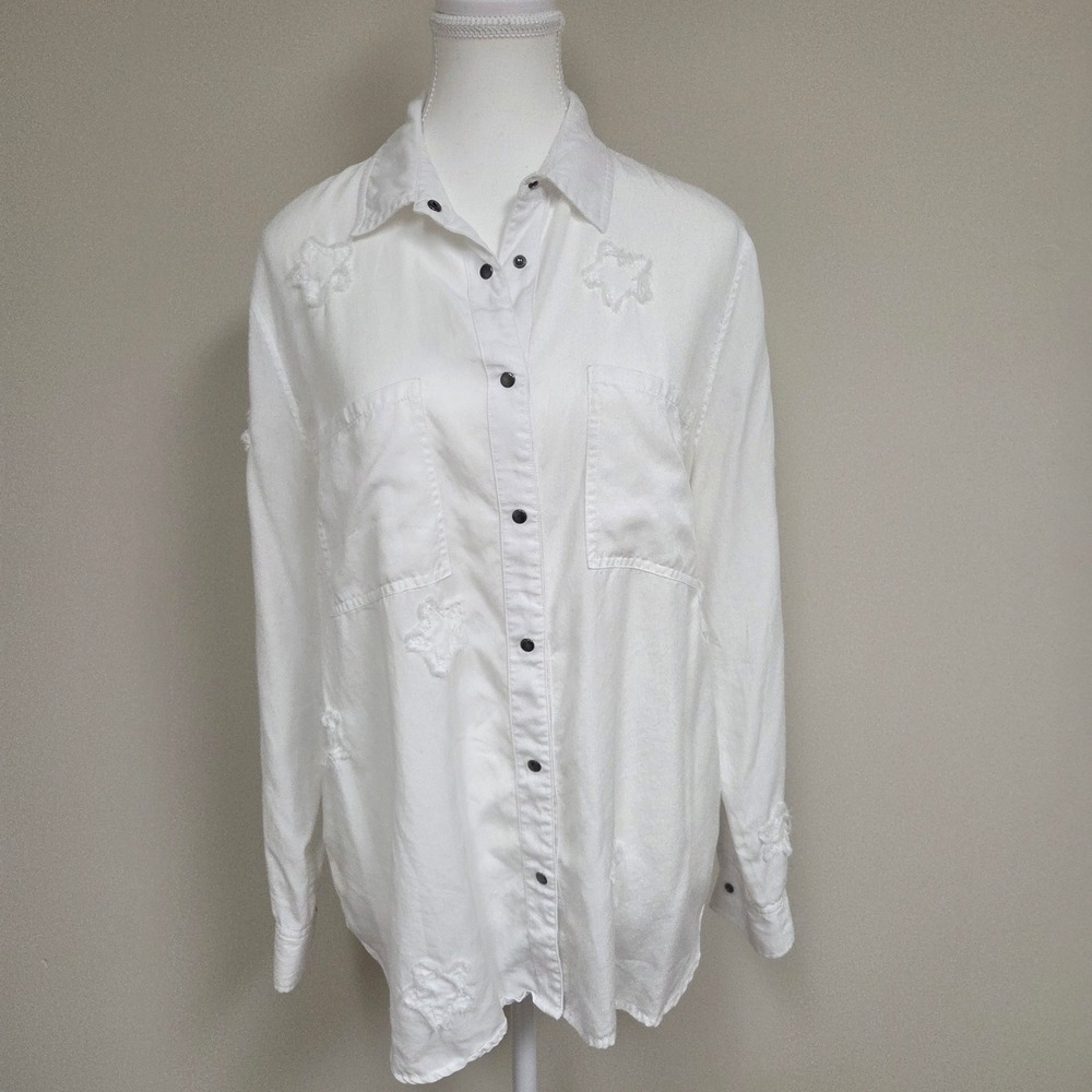 REPEAT White Distressed Star Embellished‎ Button Down Shirt Top Womens S